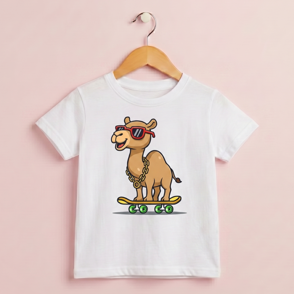Kids T-Shirt β Camel on Skateboard (White)